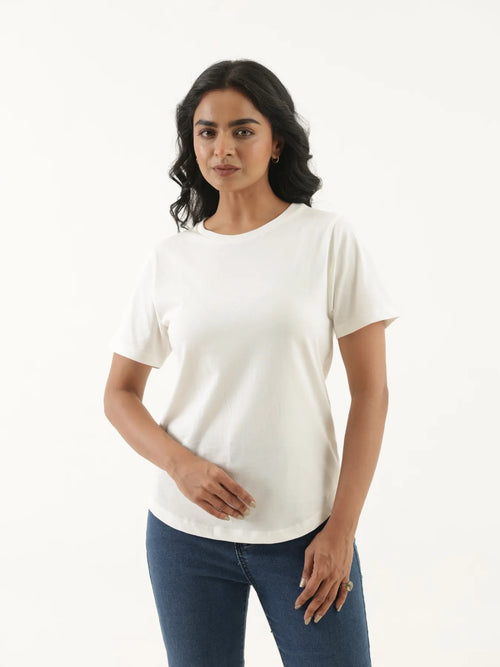 Women Off White Round Neck T-shirt
