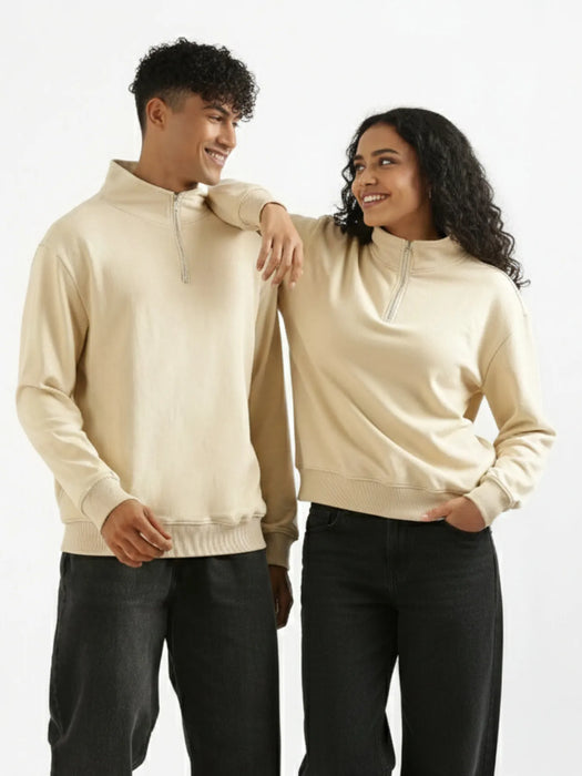 Unisex Beige Zip Neck Sweatshirt