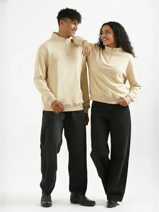 Unisex Beige Zip Neck Sweatshirt