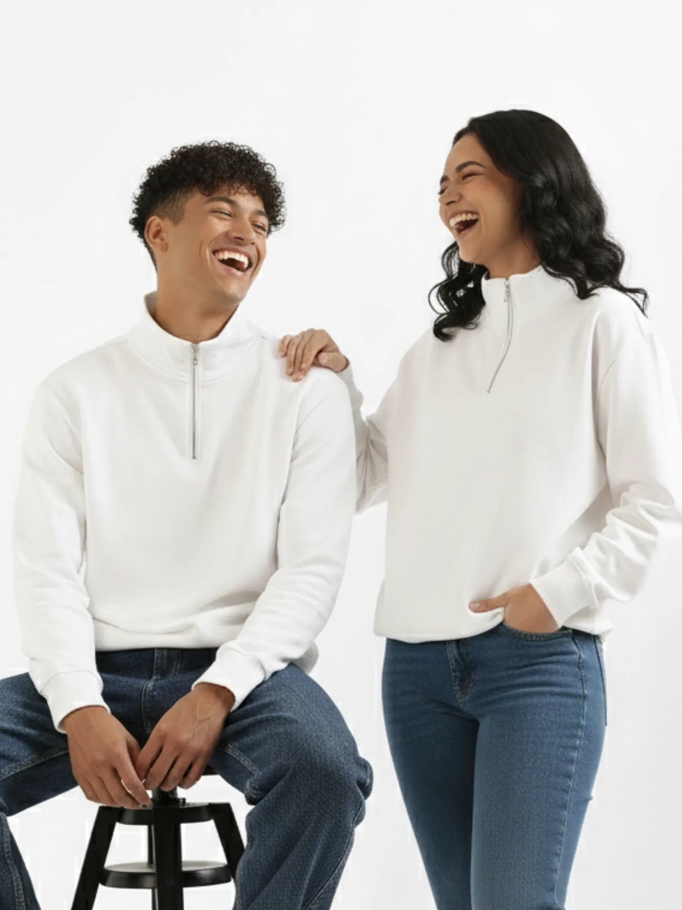 Unisex White Zip Neck Sweatshirt