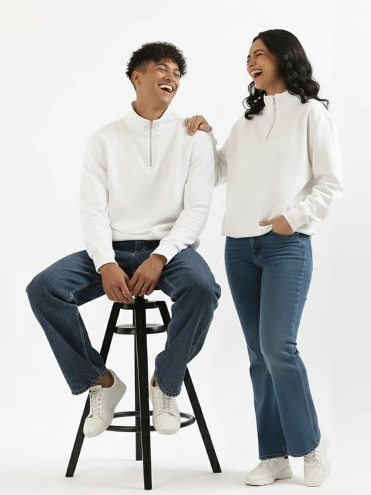 Unisex White Zip Neck Sweatshirt