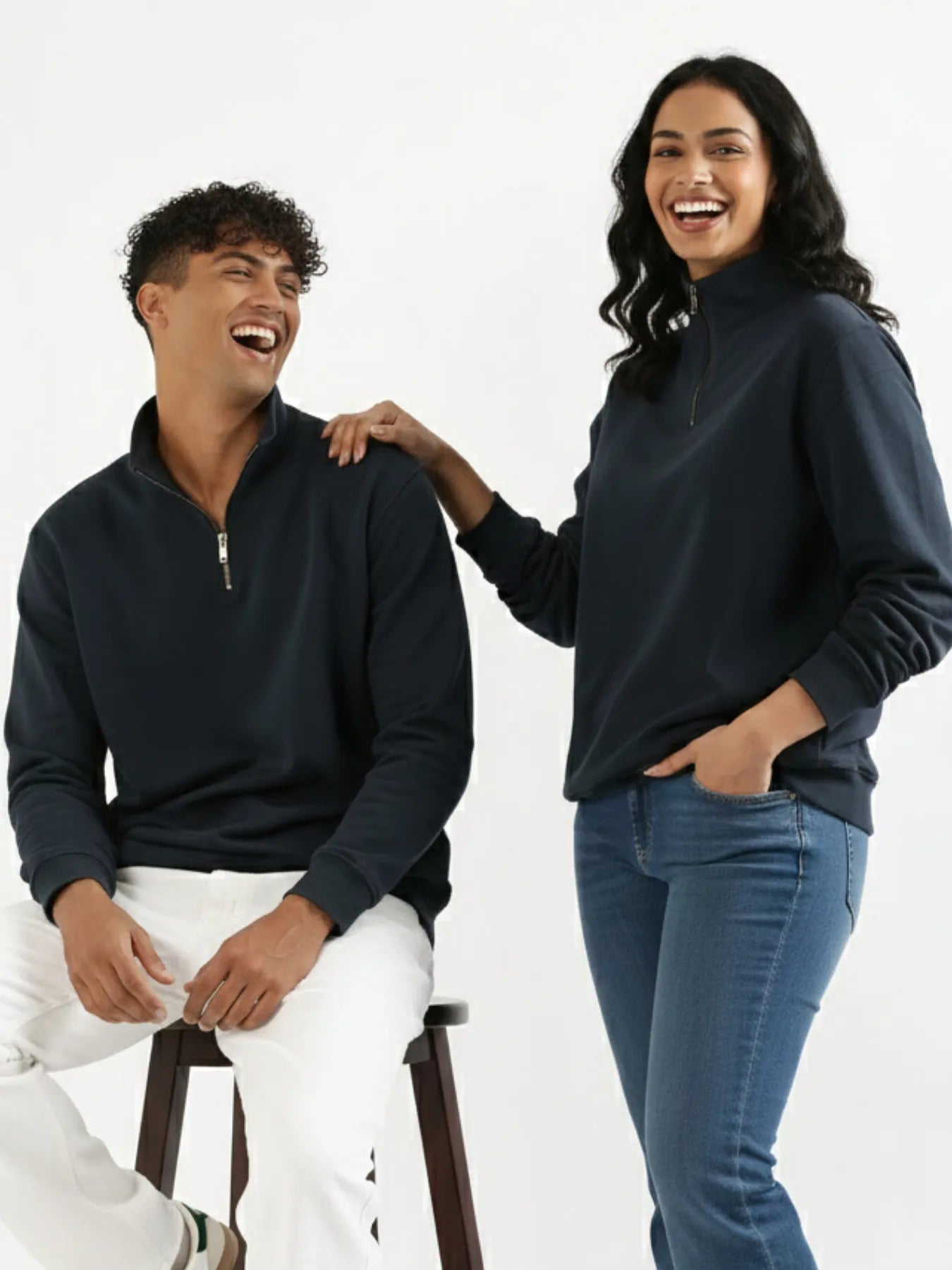 Unisex Navy Blue Zip Neck Sweatshirt