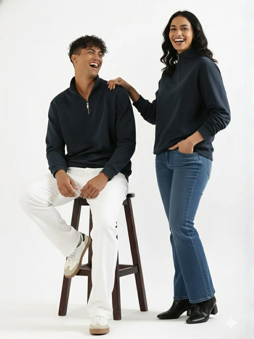 Unisex Navy Blue Zip Neck Sweatshirt