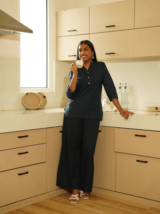 Navy Blue Airy Linen Short Kurta Co-ord Set