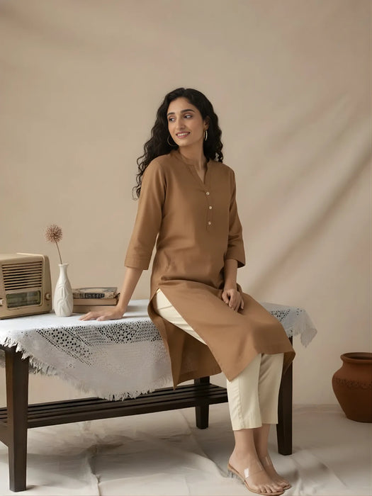 Women Coffee Brown Airy Linen Long Kurta & Beige Cotton Pant Set