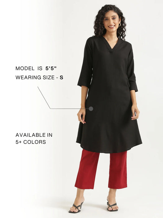 Women Black Flowy Linen A-Line Long Kurta