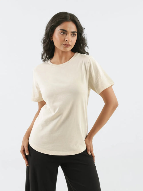 Women Beige Round Neck T-shirt