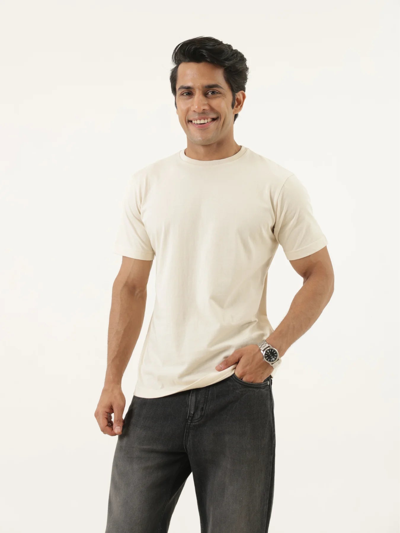 Men Beige Round Neck T-shirt