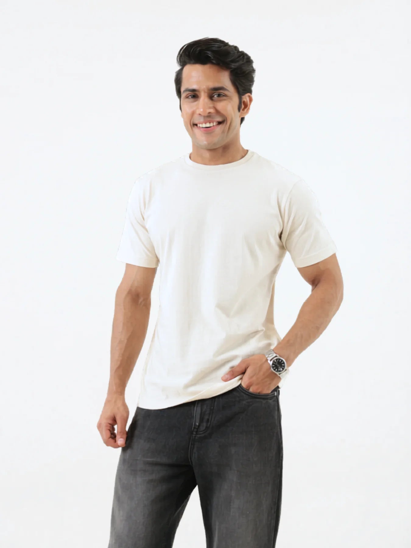 Men Off White Round Neck T-shirt