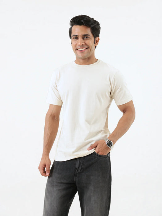 Men Off White Round Neck T-shirt