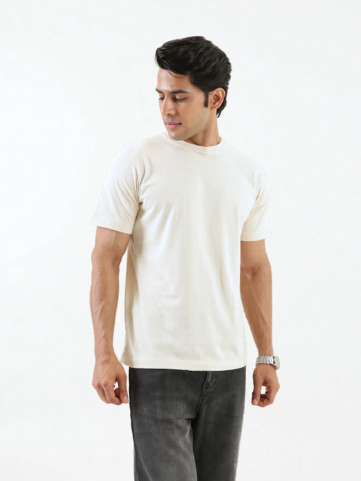 Men Off White Round Neck T-shirt