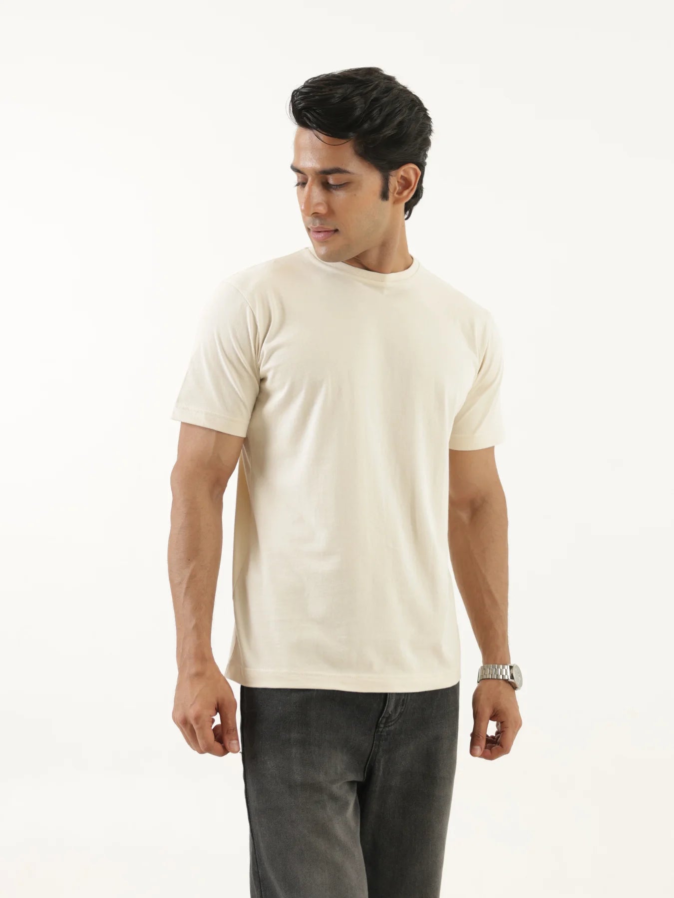Men Beige Round Neck T-shirt