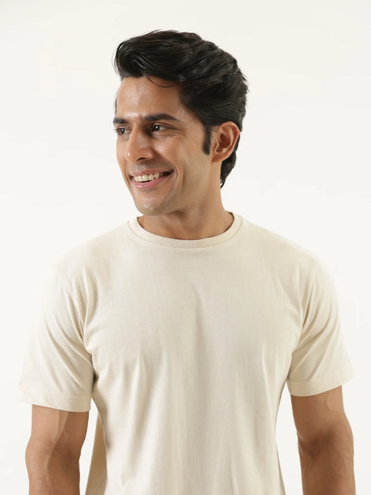 Men Beige Round Neck T-shirt
