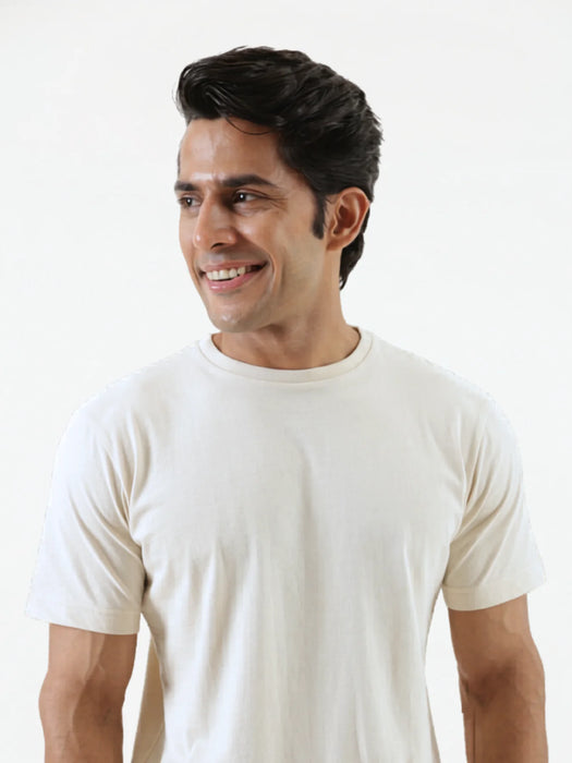 Men Off White Round Neck T-shirt