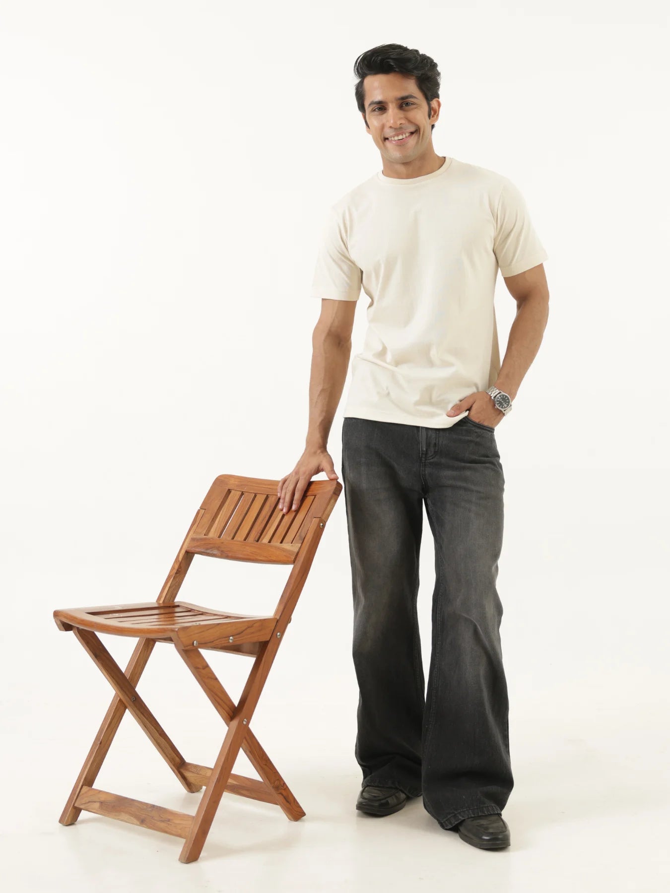 Men Beige Round Neck T-shirt