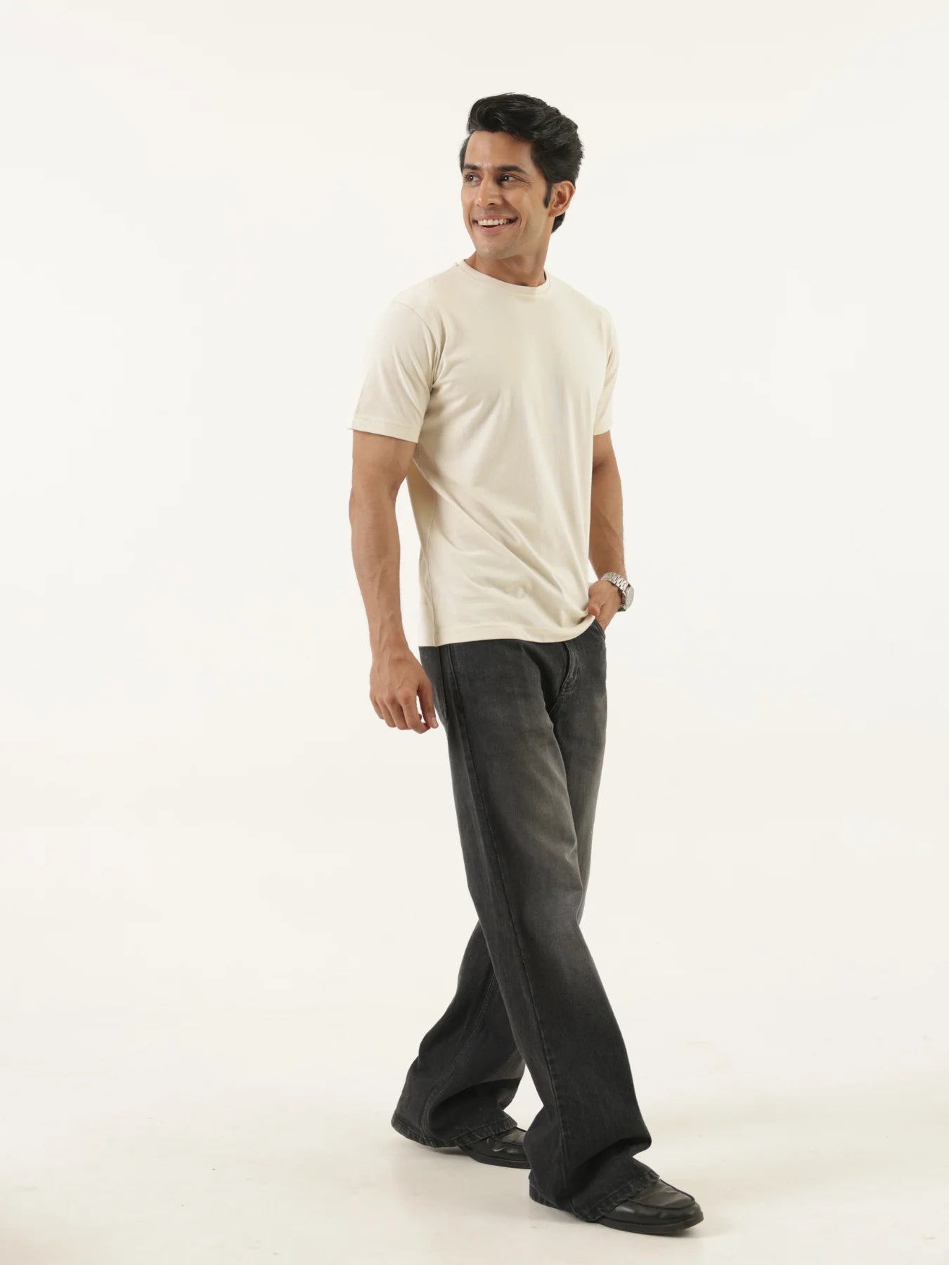 Men Beige Round Neck T-shirt