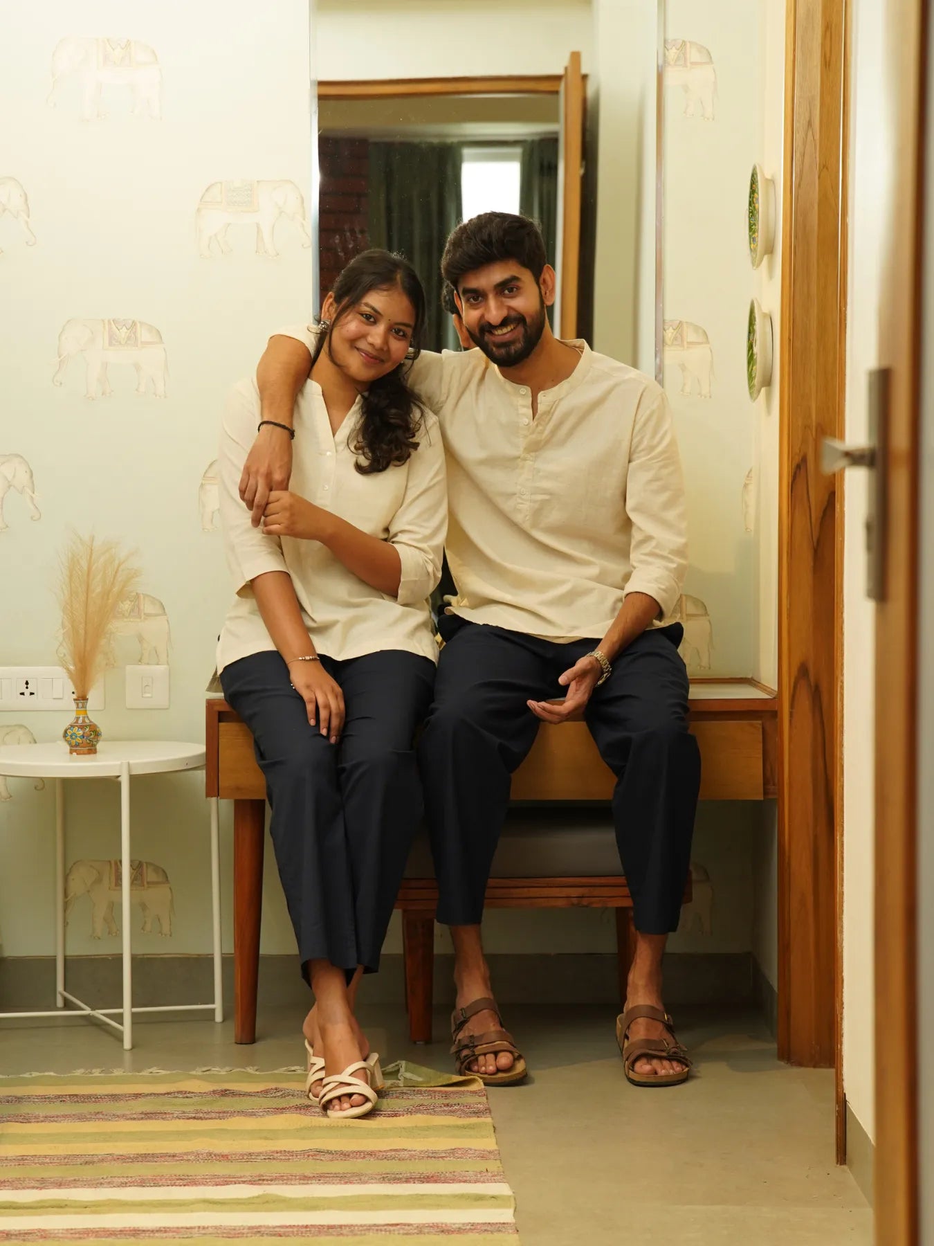 Couple Ecru Short Kurta Combo