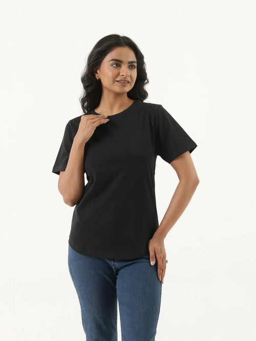 Women Black Round Neck T-shirt