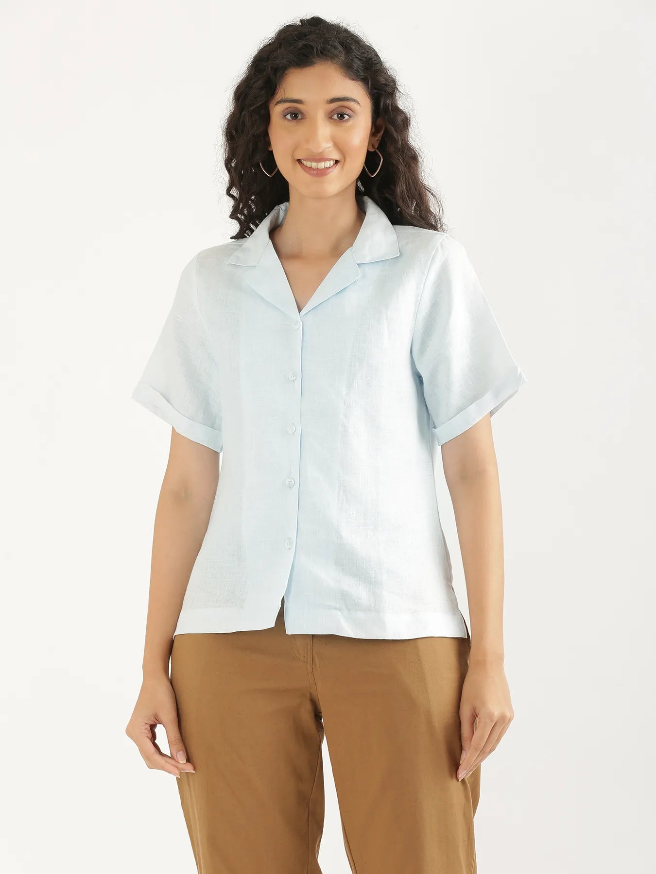 Women Light Blue Pure Linen Notch Collar Shirt