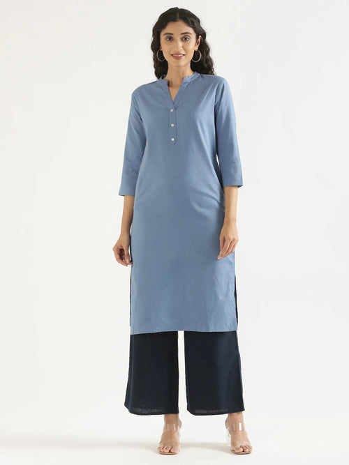 Women English Blue Airy Linen Long Kurta