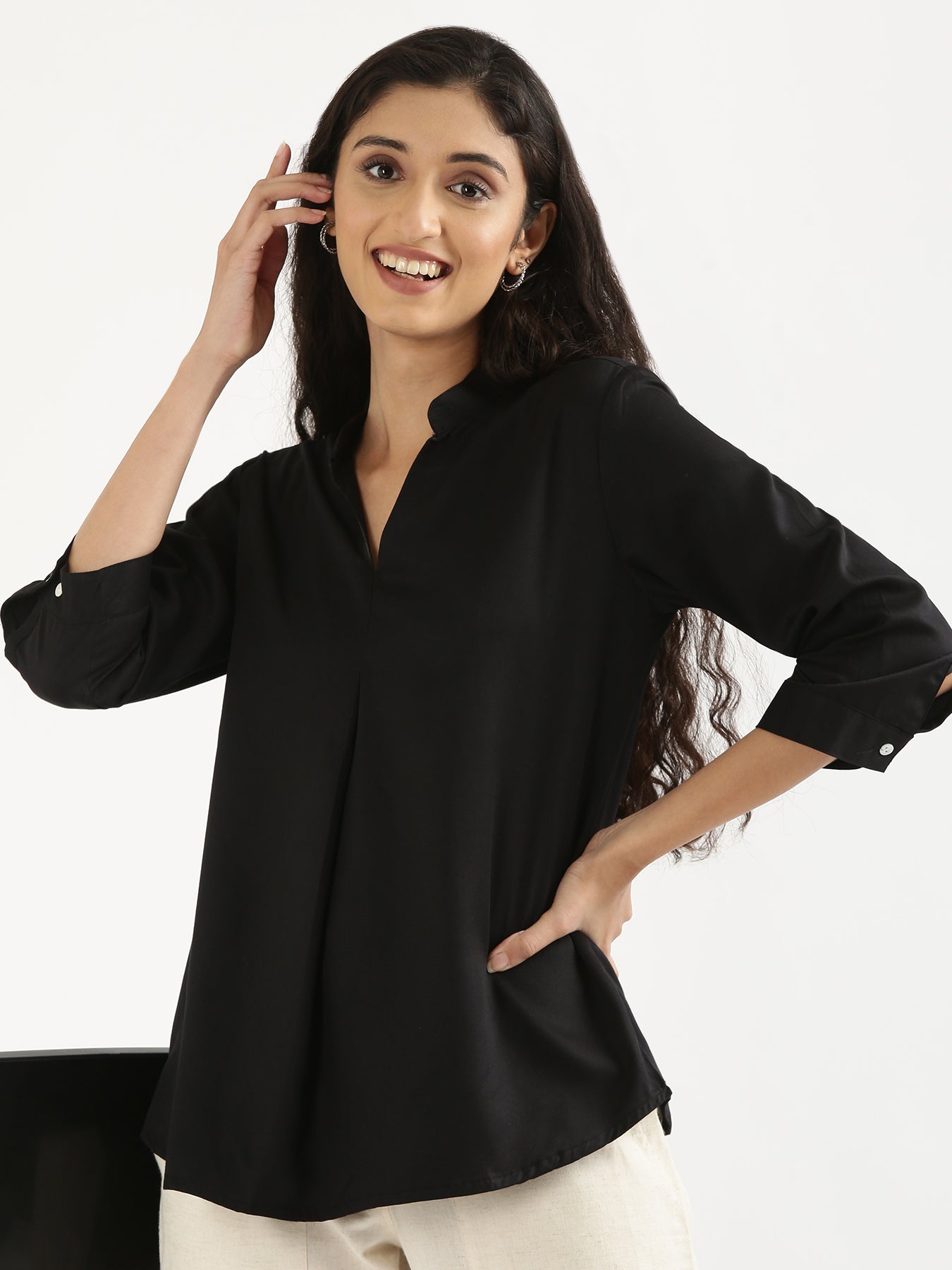 Black Viscose Pleated Top