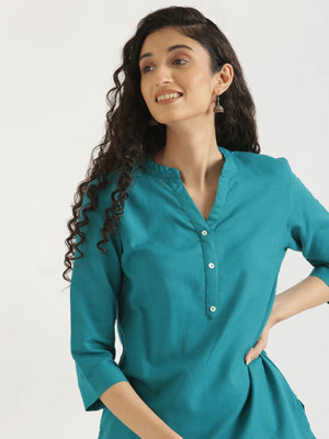 Women Teal Airy Linen Short Kurta