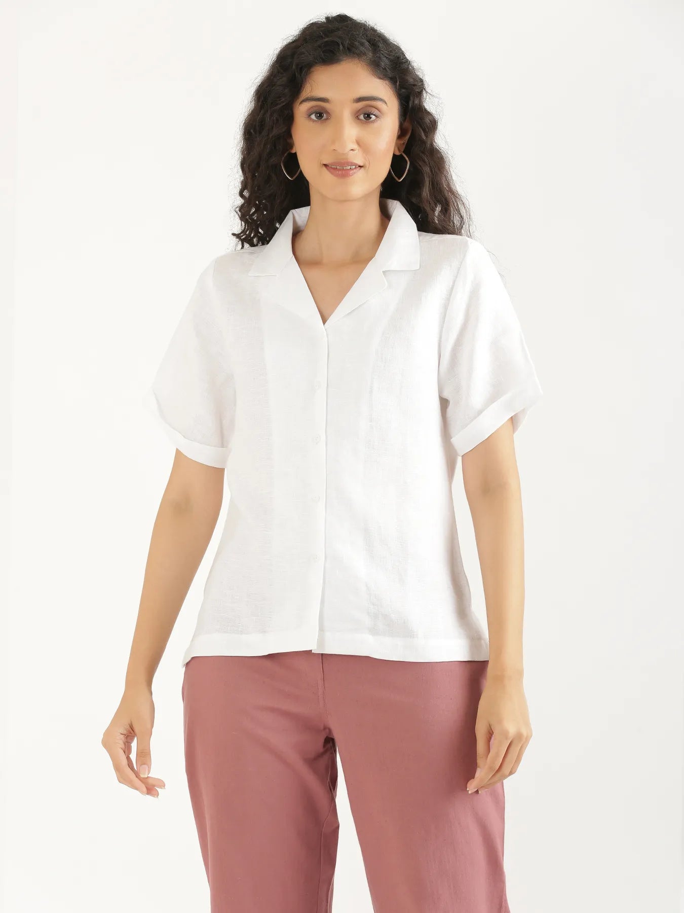Women White Pure Linen Notch Collar Shirt