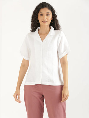 Women White Pure Linen Notch Collar Shirt
