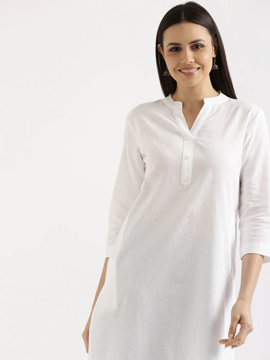 Women White Airy Linen Long Kurta & English Blue Viscose Palazzo Pant Set