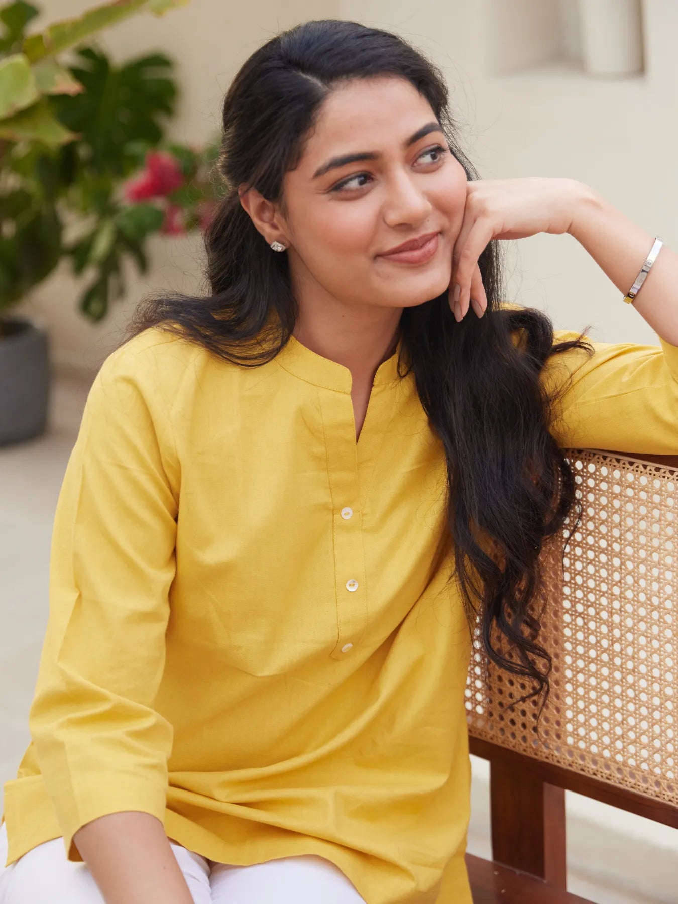 Yellow Short Kurta with White Cotton Pant