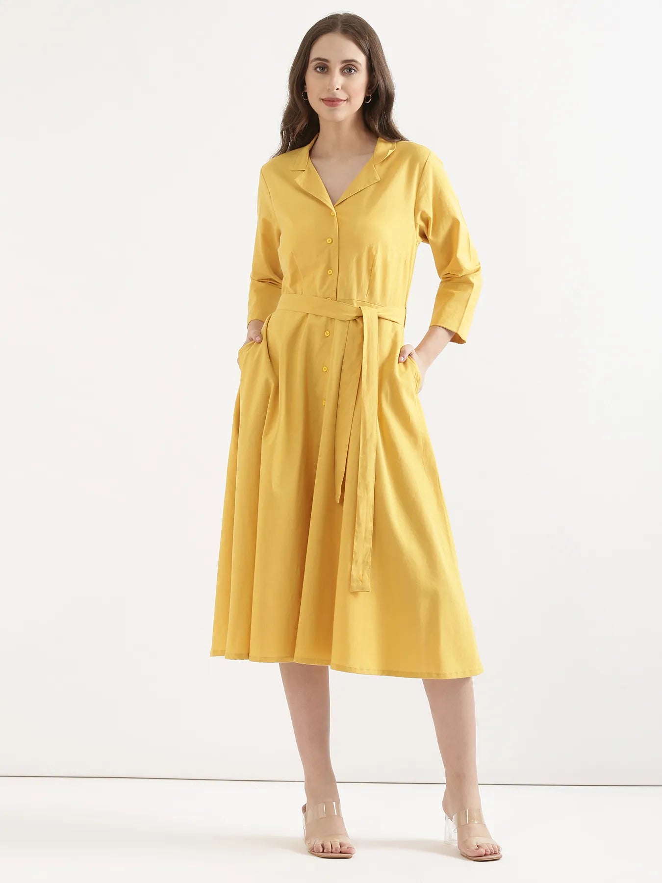 Women Yellow Airy Linen Flared Dress