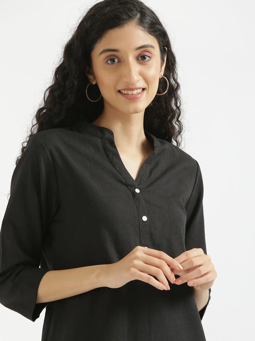 Women Black Airy Linen Short Kurta