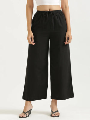 Women Black Flowy Linen Wide Leg Pants