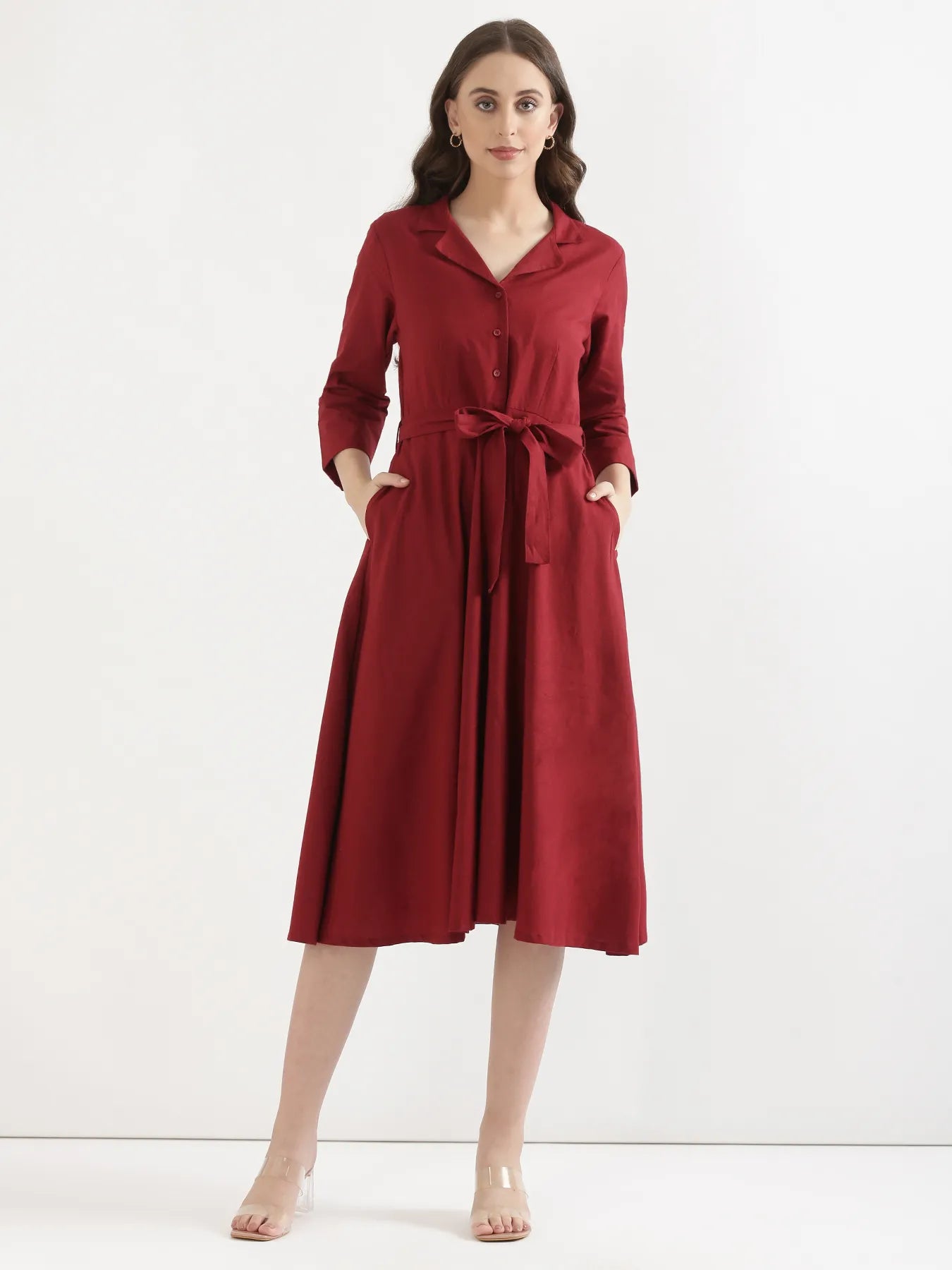 Women Maroon Airy Linen Flared Dress