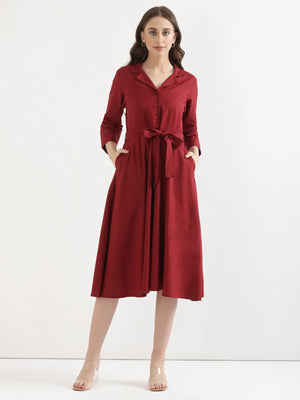 Women Maroon Airy Linen Flared Dress