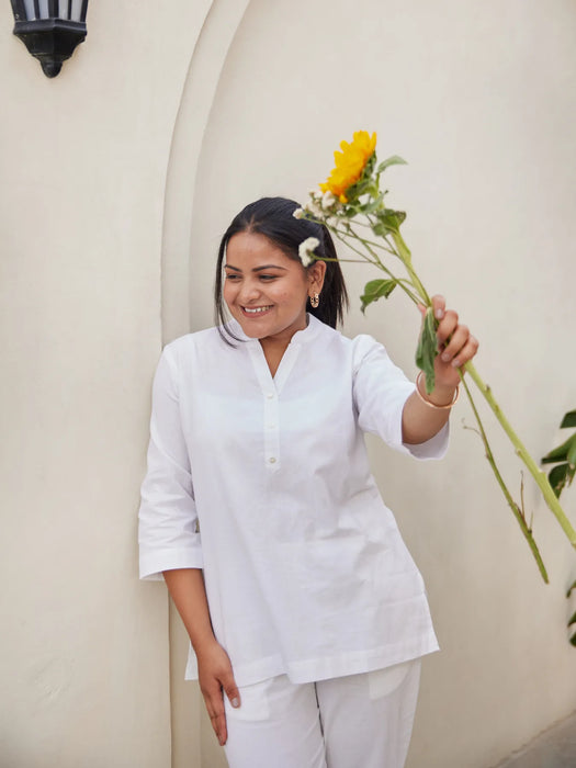 White Short Kurta with White Cotton Pant