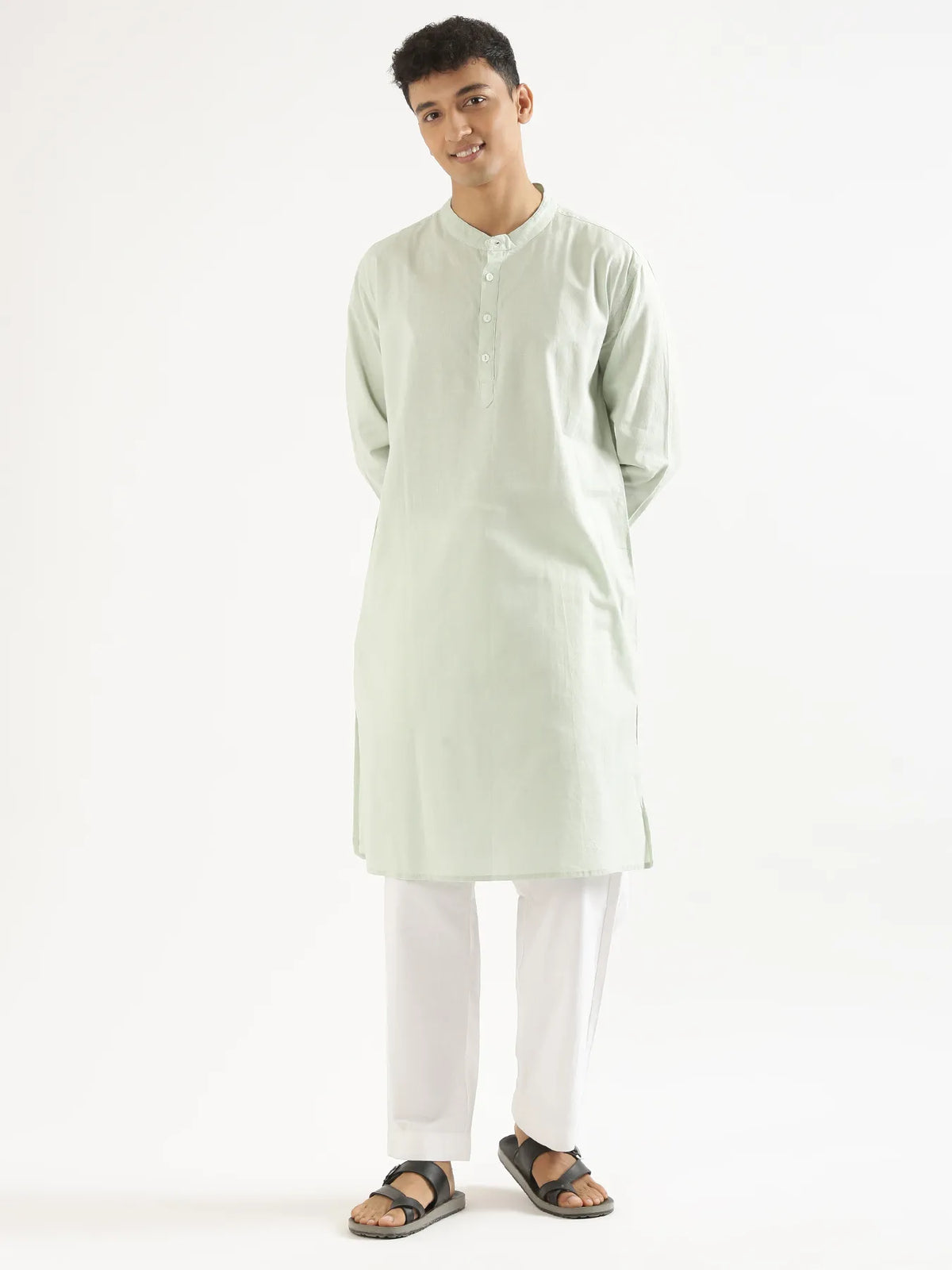 Pick Any 3 Men Airy Linen Long Kurta - Mint Green
