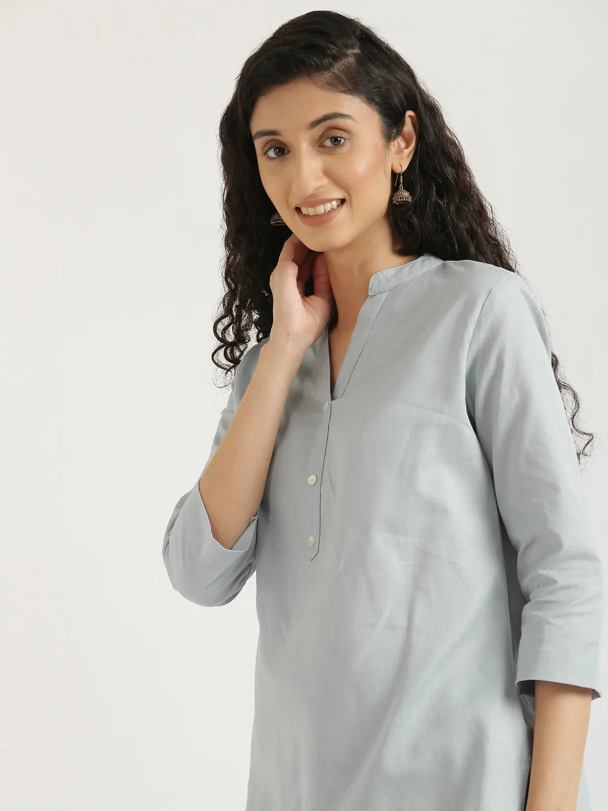 Pick Any 3 Women Airy Linen Short Kurta - Sky Blue