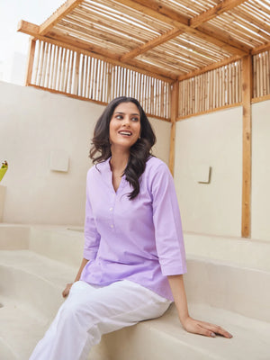 Lilac Short Kurta with White Cotton Pant
