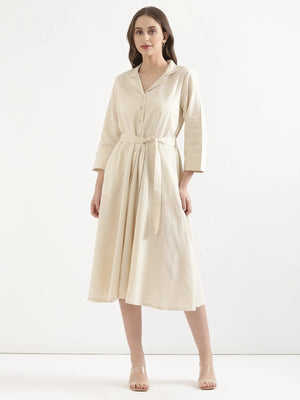 Women Ecru Airy Linen Flared Dress