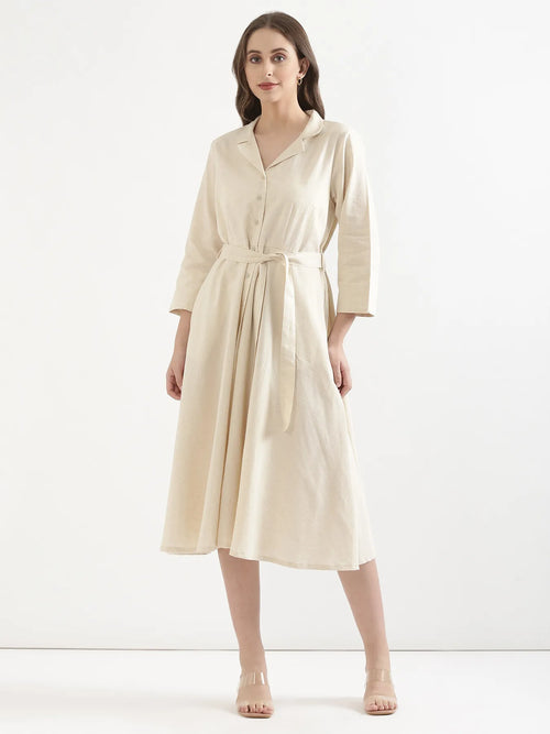 Women Ecru Airy Linen Flared Dress