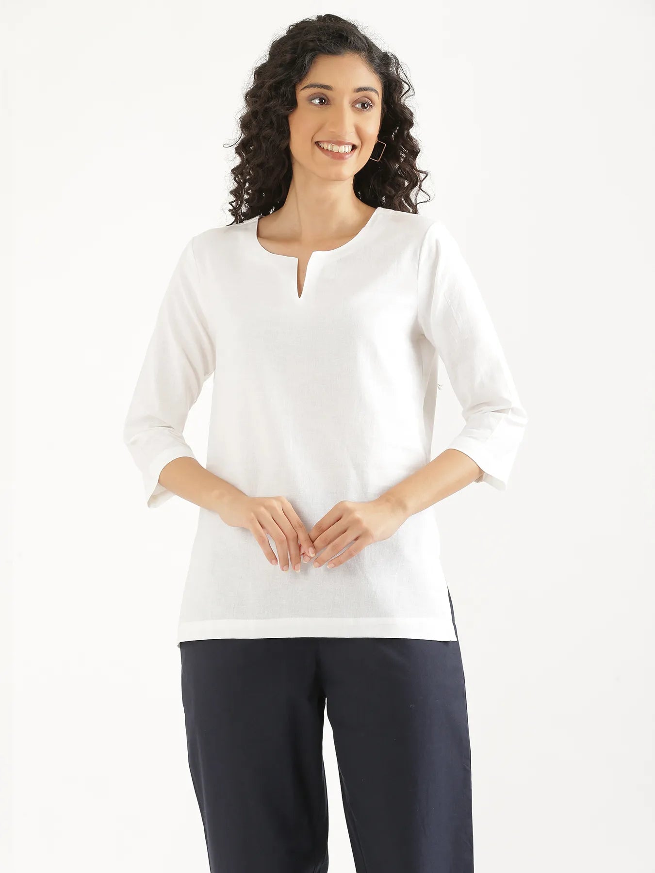 Women White Airy Linen Split Neck Short Kurta