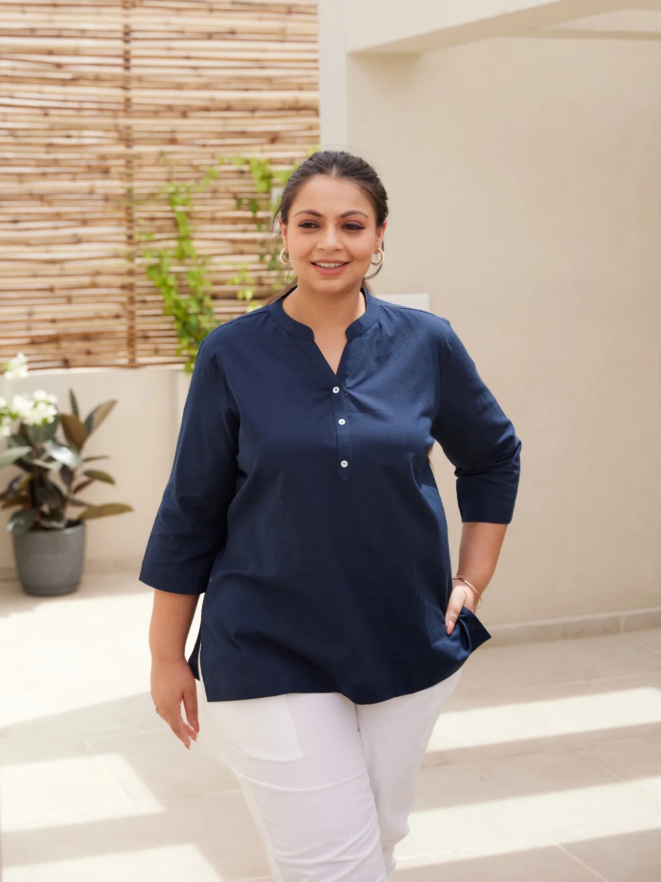 Navy Blue Short Kurta with White Cotton Pant