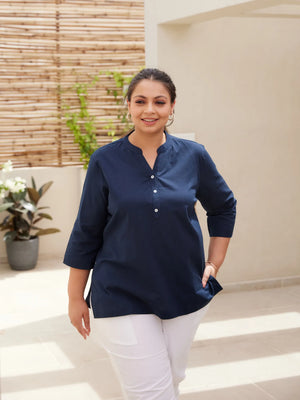 Navy Blue Short Kurta with White Cotton Pant