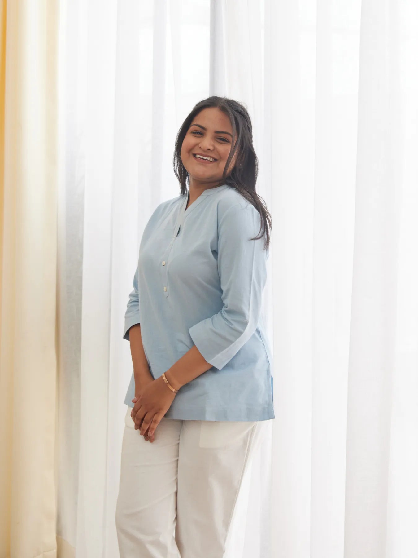 Sky Blue Short Kurta with White Cotton Pant