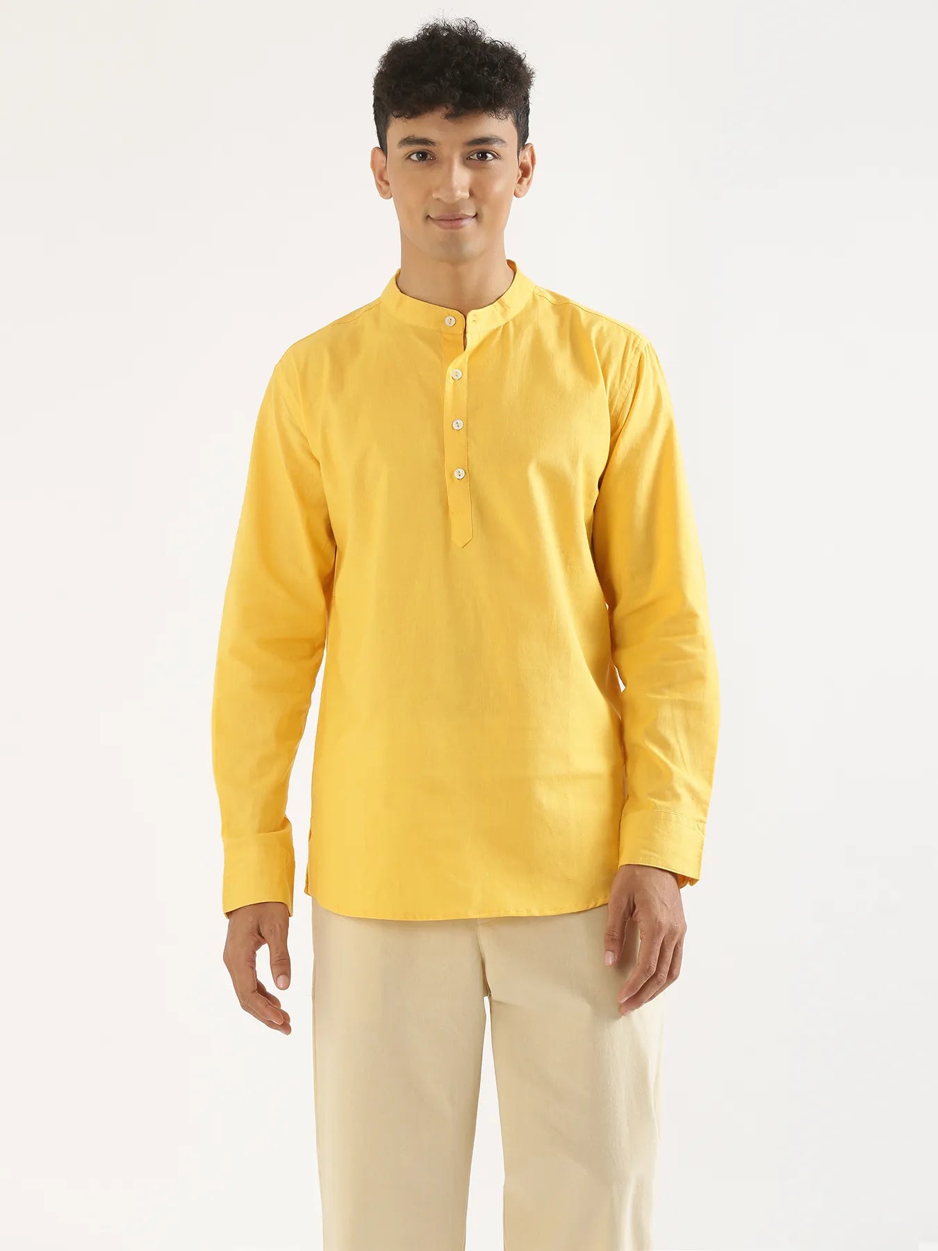 Men Yellow Airy Linen Short Kurta
