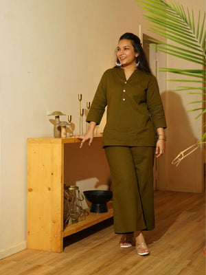 Olive Green Airy Linen Short Kurta Co-ord Set