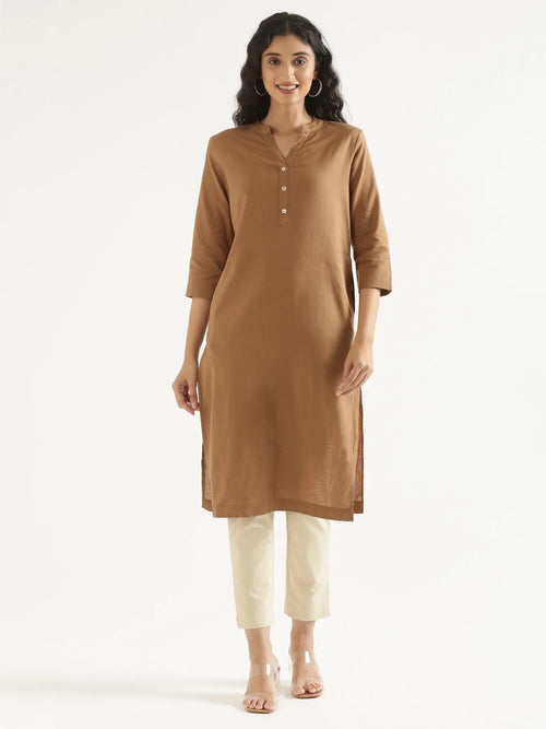 Women Coffee Brown Airy Linen Long Kurta