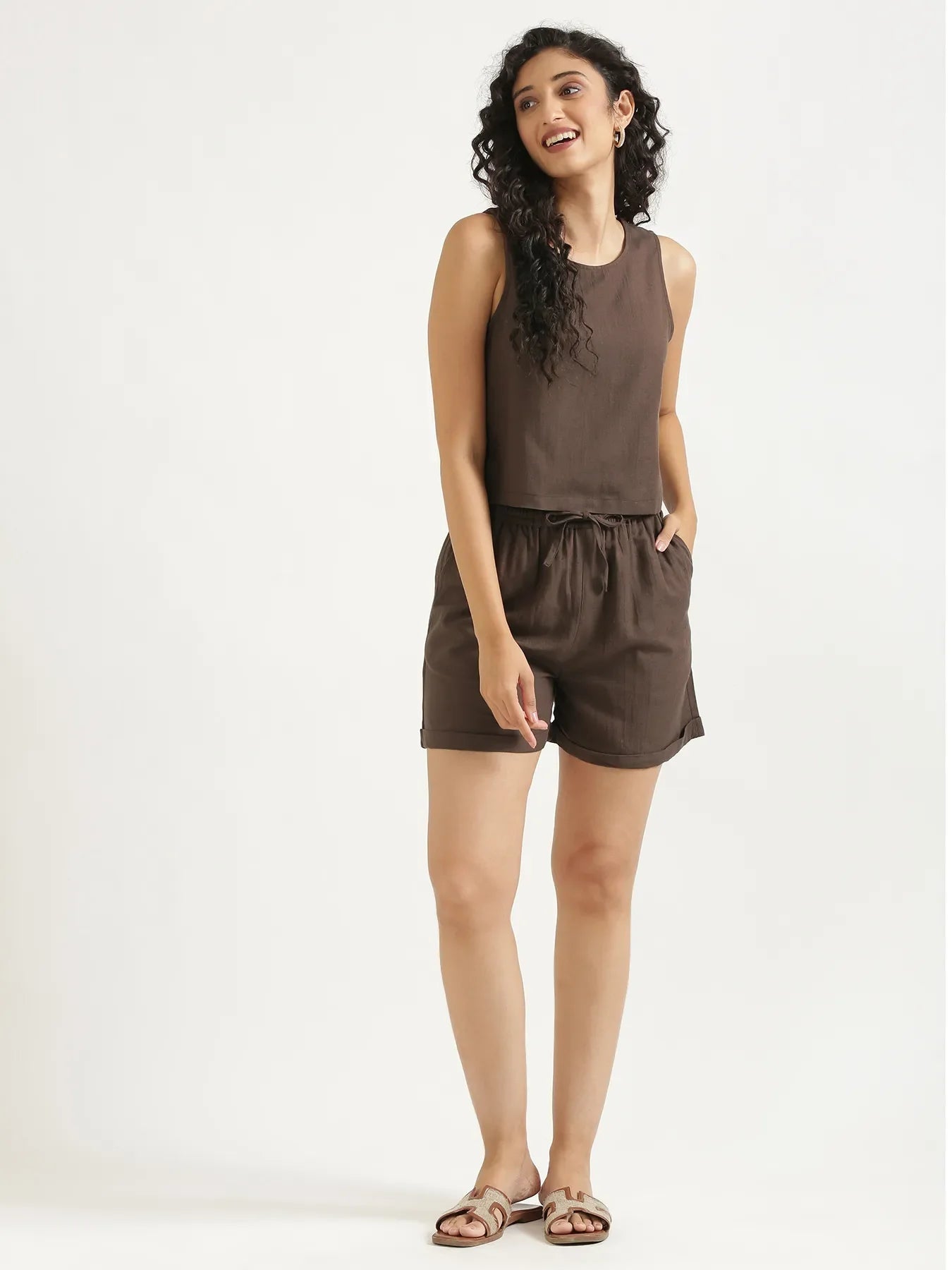 Women Dark Brown Flowy Linen Shorts