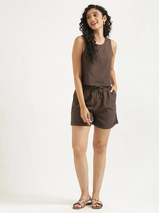 Women Dark Brown Flowy Linen Short Set